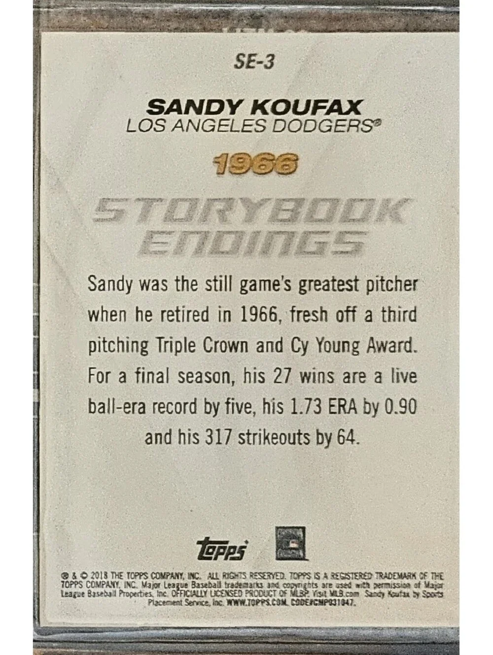 Sandy Koufax 2018 Topps Update #SE-3 BASEBALL Card Los Angeles Dodgers